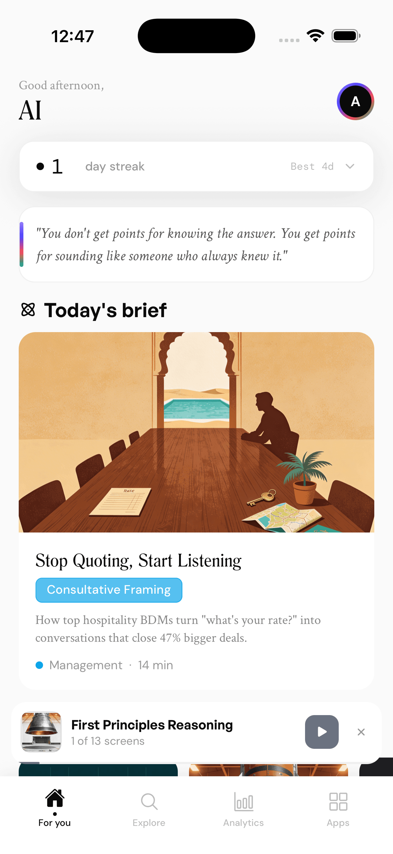 Rehearsal app home screen — Concept Brief feed