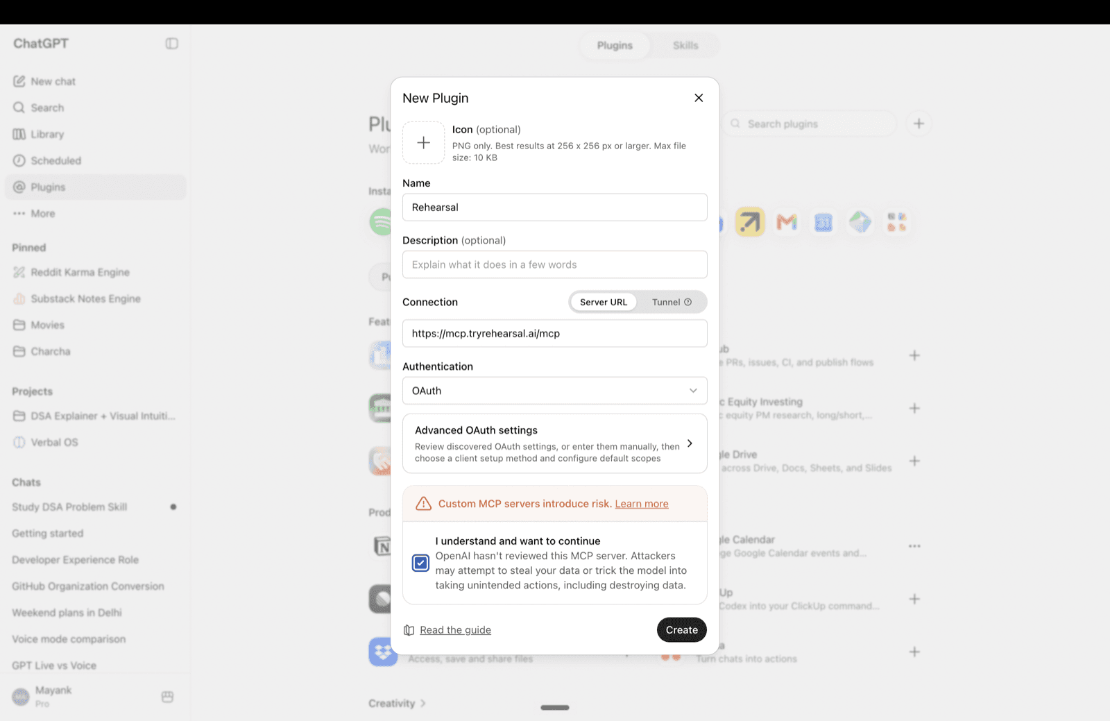 ChatGPT New Plugin form filled with the Rehearsal MCP server address