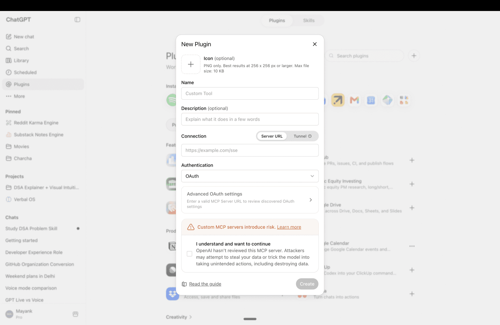 New Plugin form in ChatGPT before Rehearsal details are entered