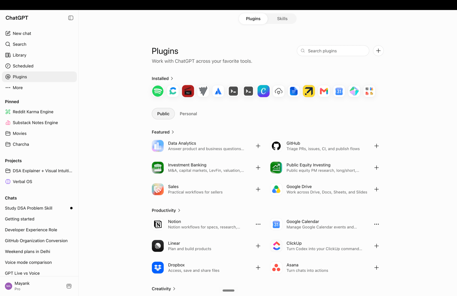 ChatGPT Plugins page with the add plugin button visible