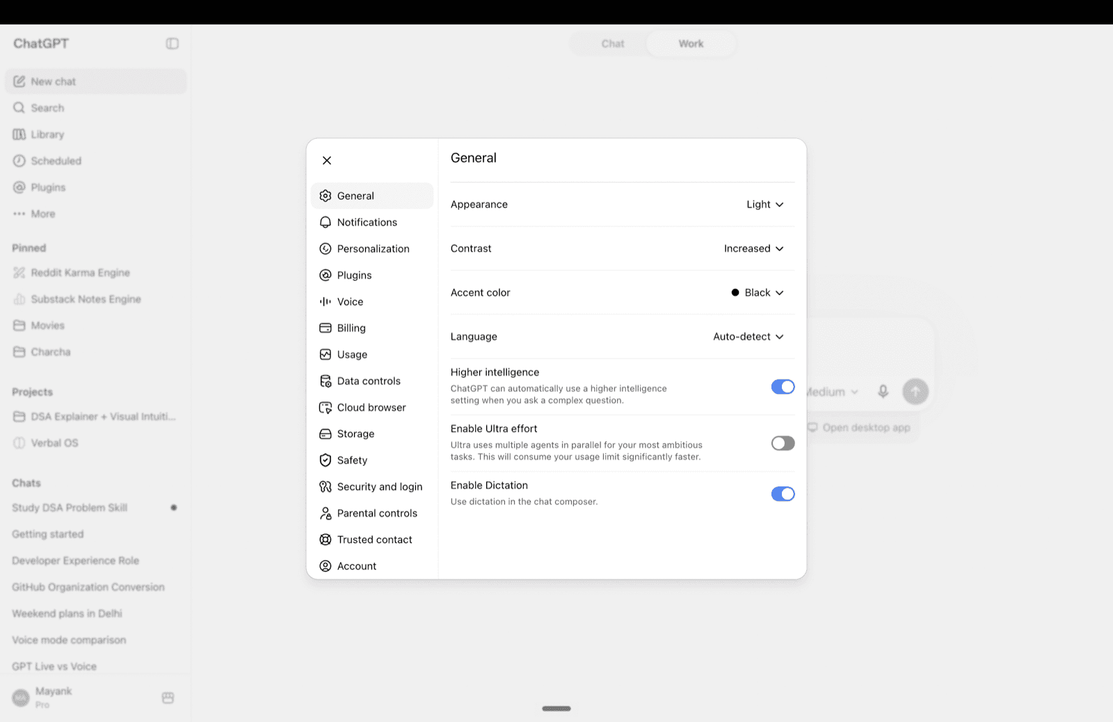 ChatGPT Settings window with the settings navigation visible