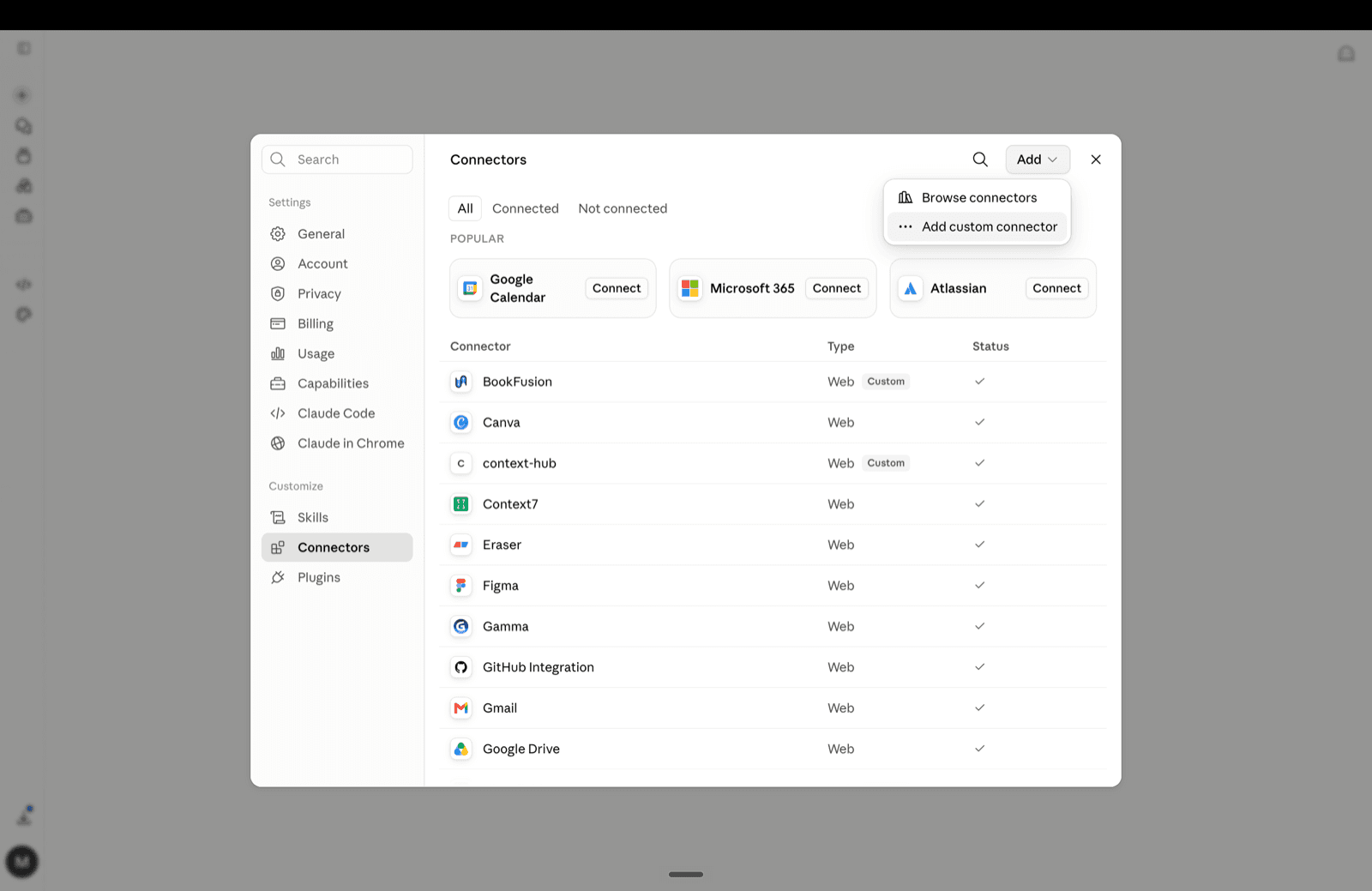 Claude Connectors page with the Add custom connector menu open