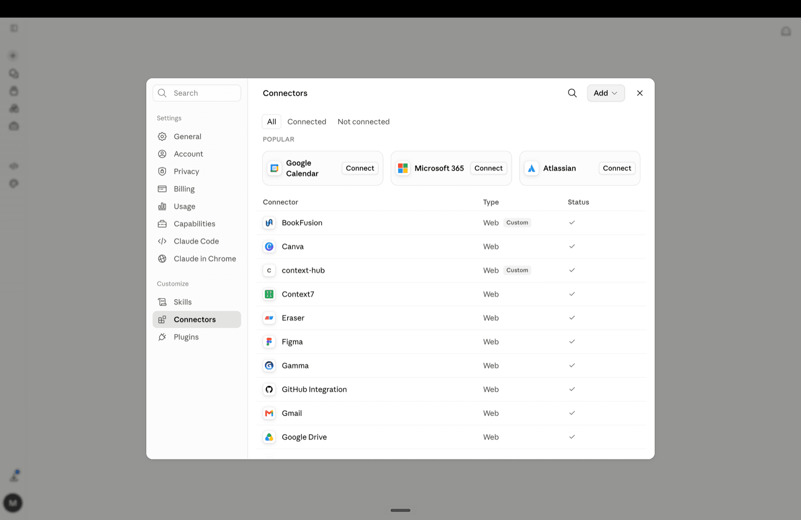 Claude Settings showing the Connectors page