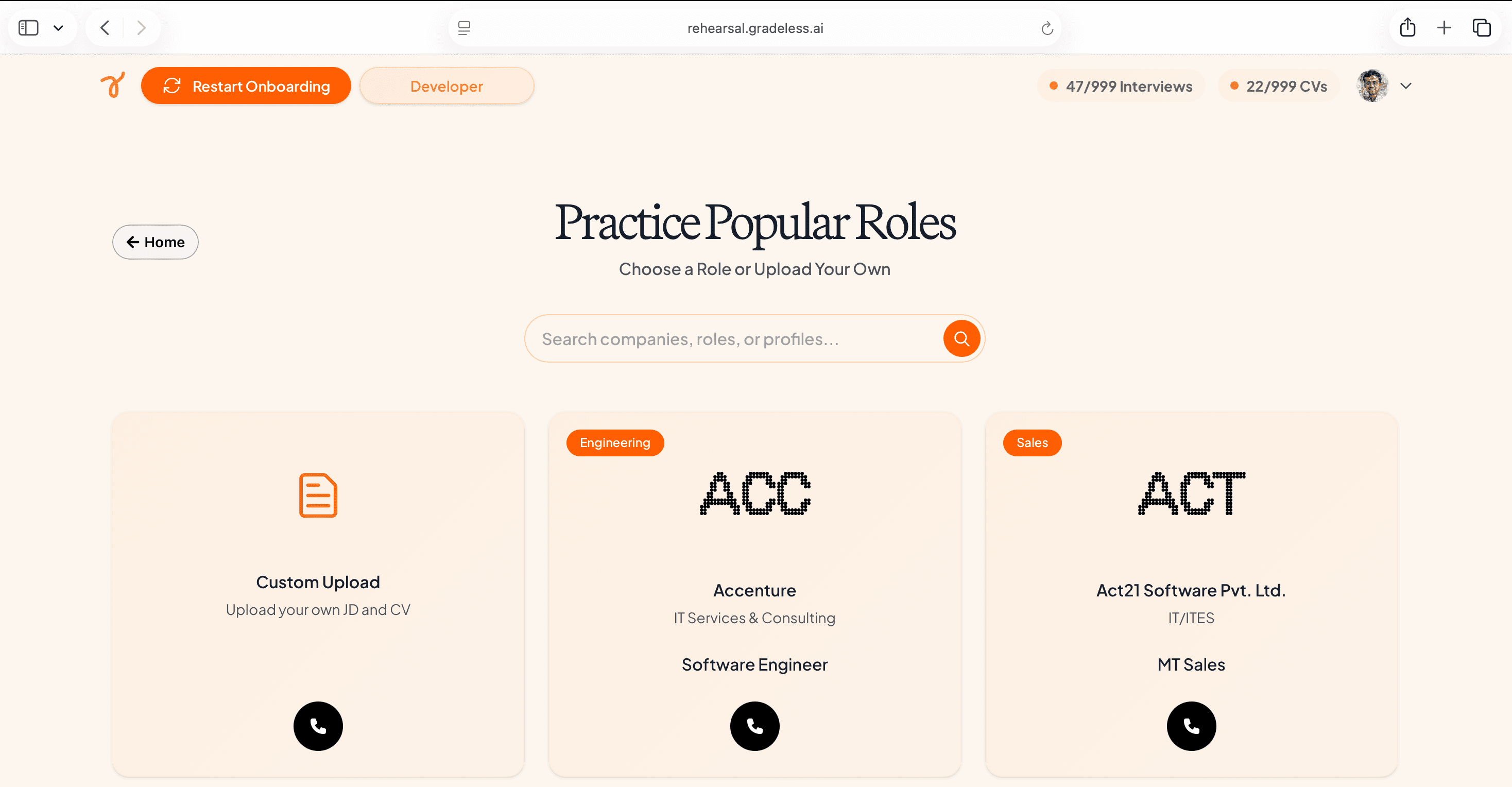 Rehearsal interview selection screen showing MNCs, Indian companies, IIM programs, Government exams and custom CV/JD upload