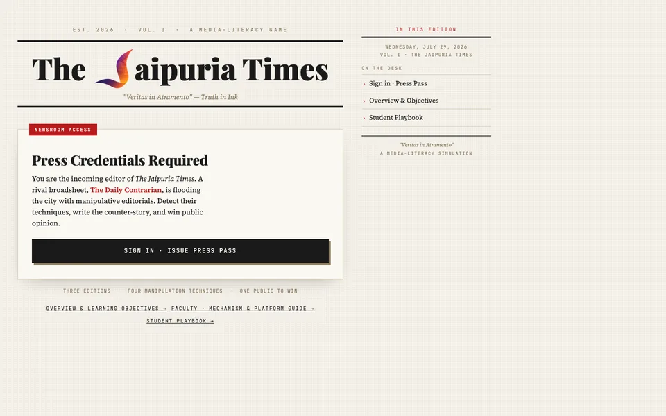 Propaganda Wars simulation presented as The Jaipuria Times newsroom